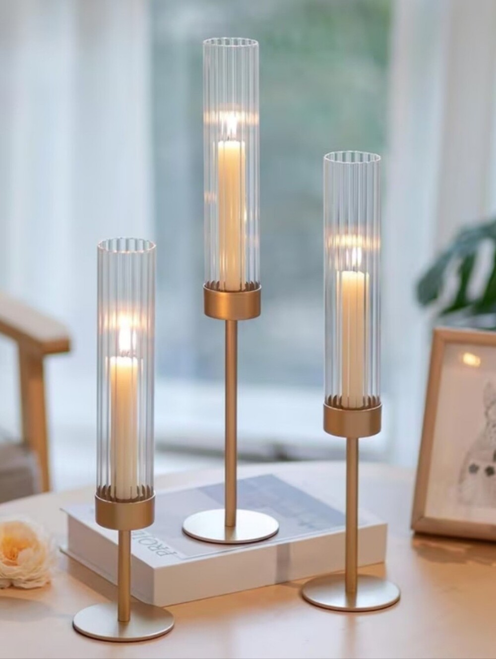 Set Of 3 Taper Candleholders Hurricane Ribbed Glass Matte Gold Base Modern Glam